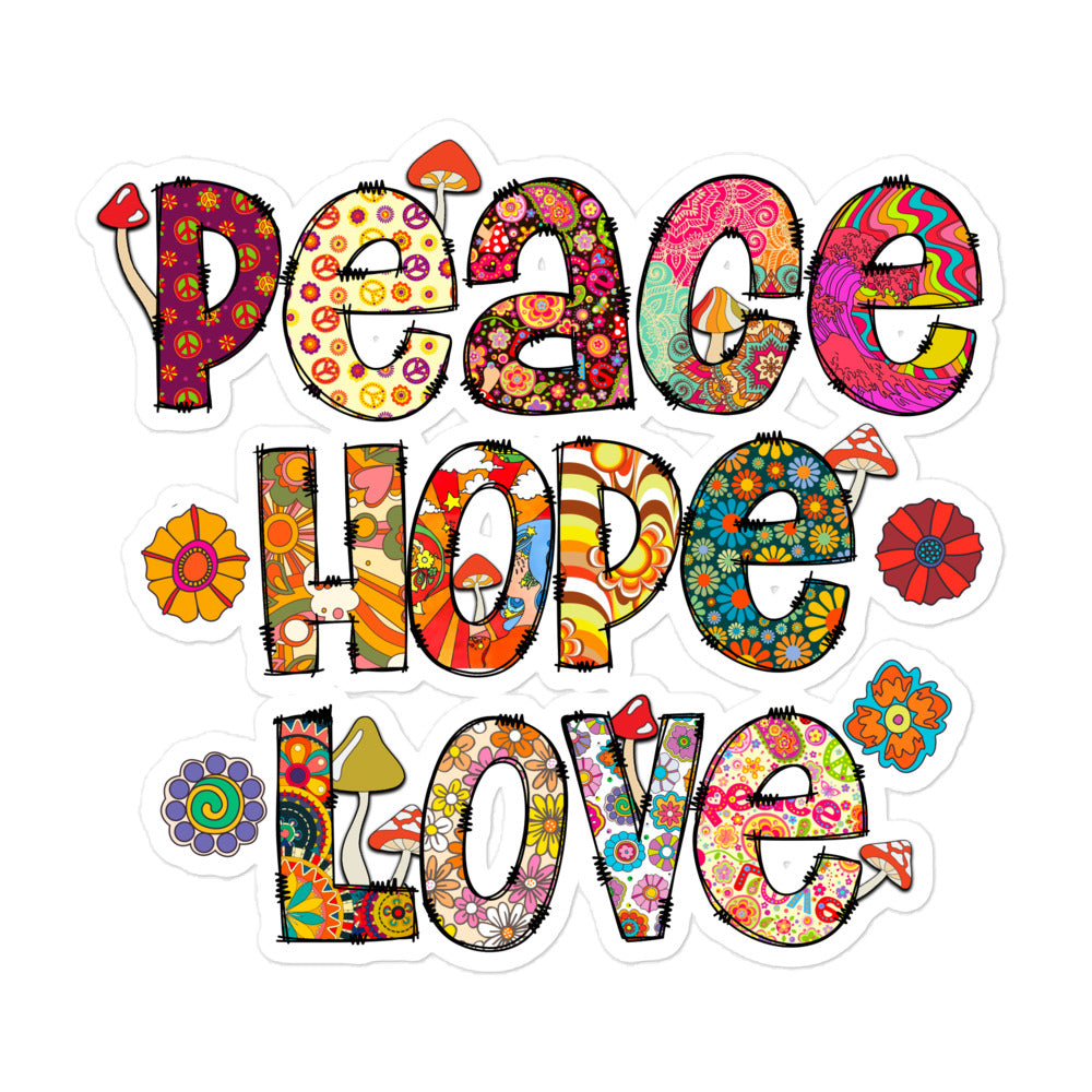 Peace Hope Love Bubble-Free Stickers - Funky Patchwork Boho Hippie Design