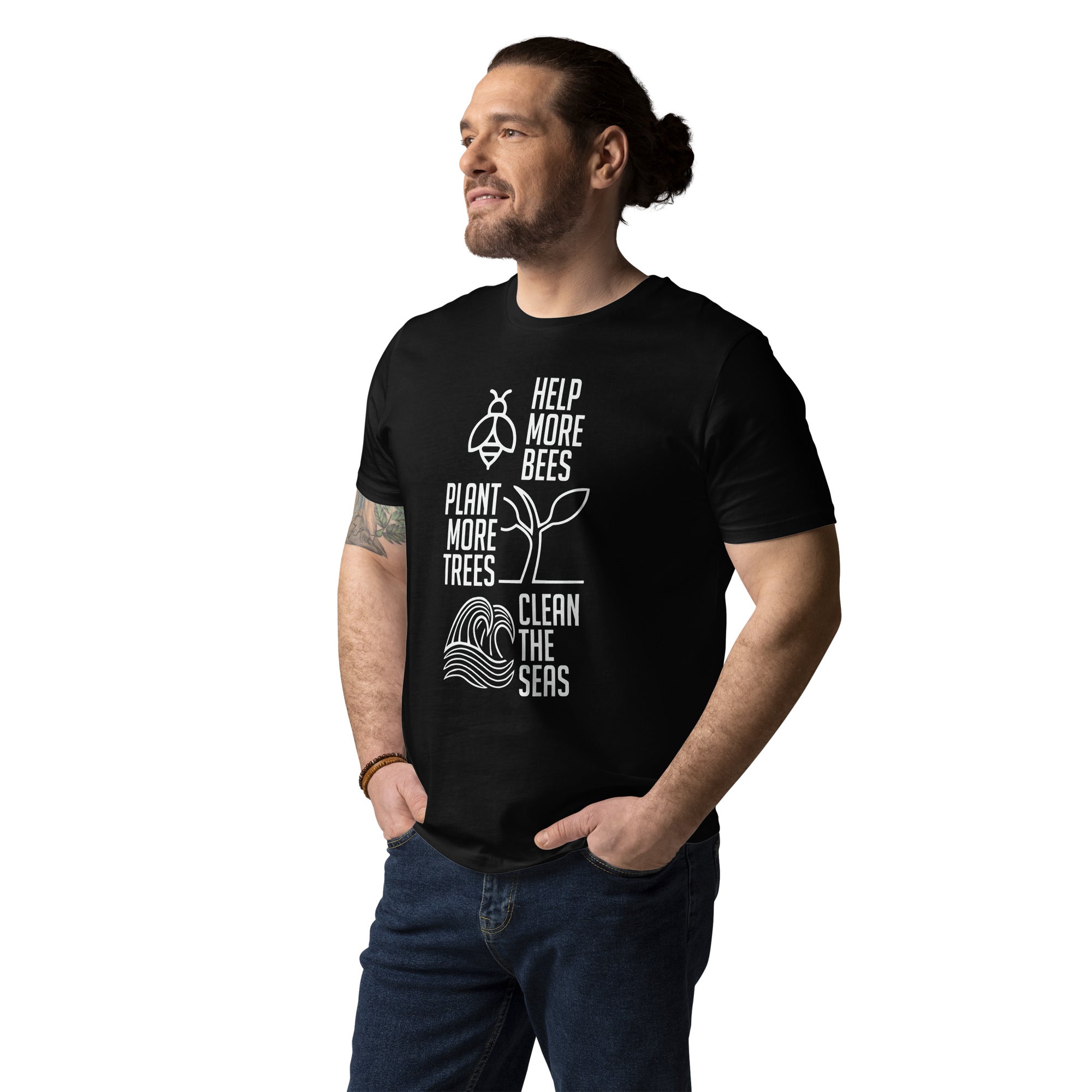 Bees Trees Seas Collection - Help More Bees, Plant More Trees, Clean The Seas - Organic Cotton T-shirt