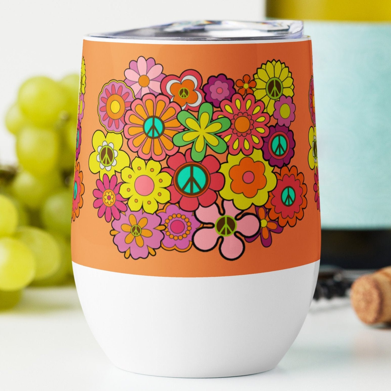 Flowers and Peace Signs Wine Tumbler (Orange)