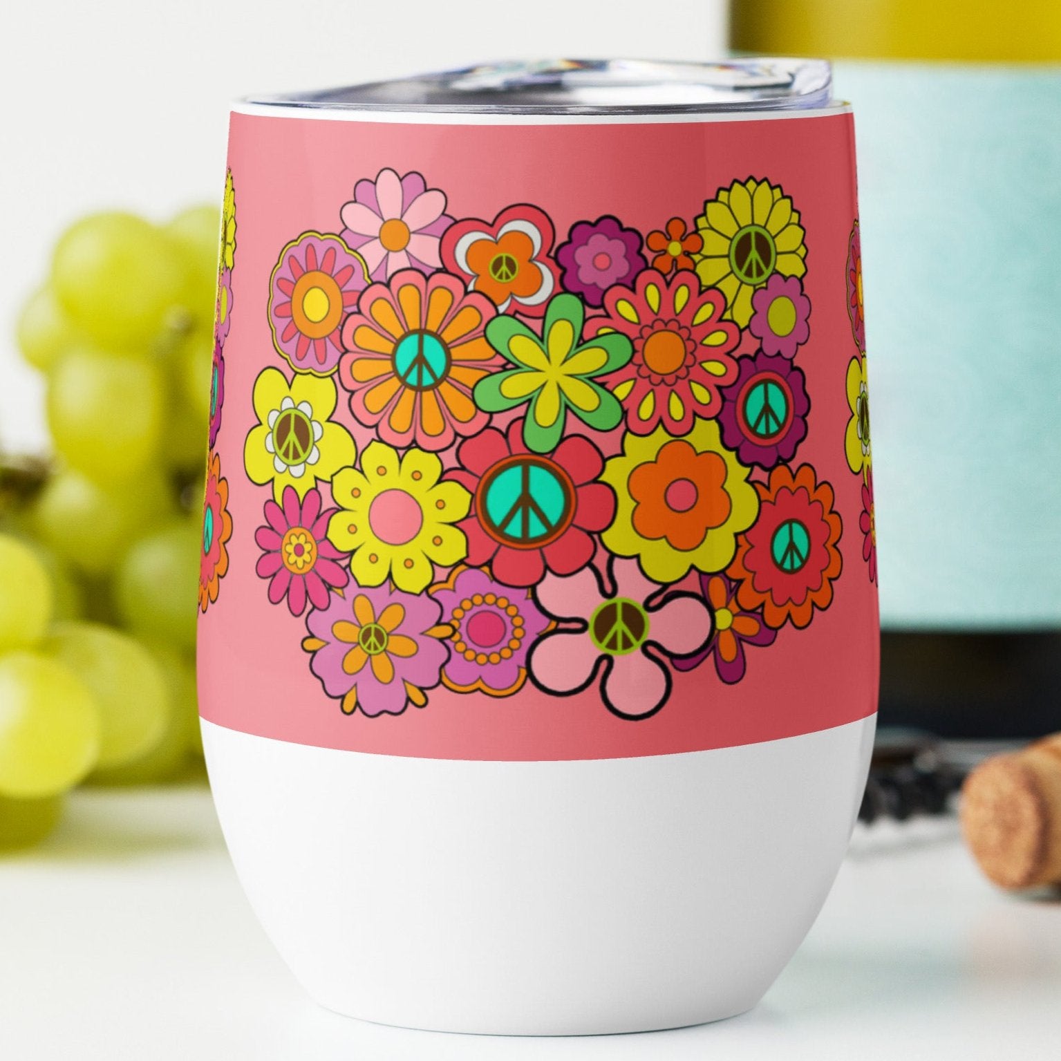 Flowers and Peace Signs Wine Tumbler (Pink)