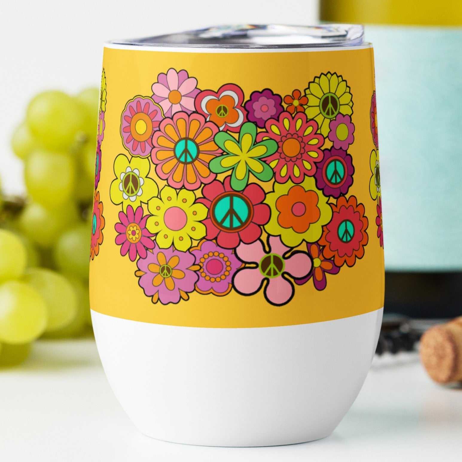 Flowers and Peace Signs Wine Tumbler (Yellow)