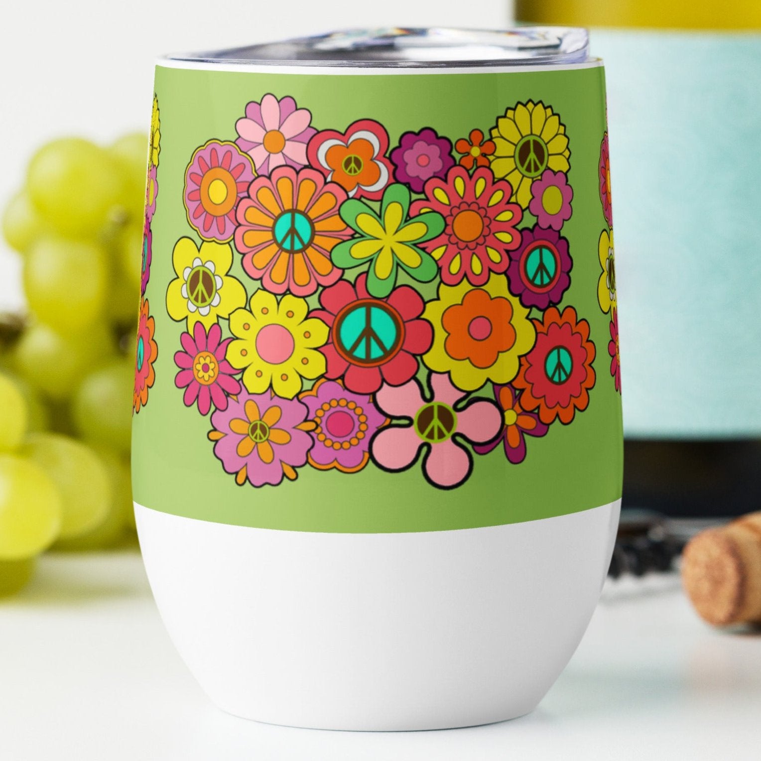 Flowers and Peace Signs Wine Tumbler (Green)