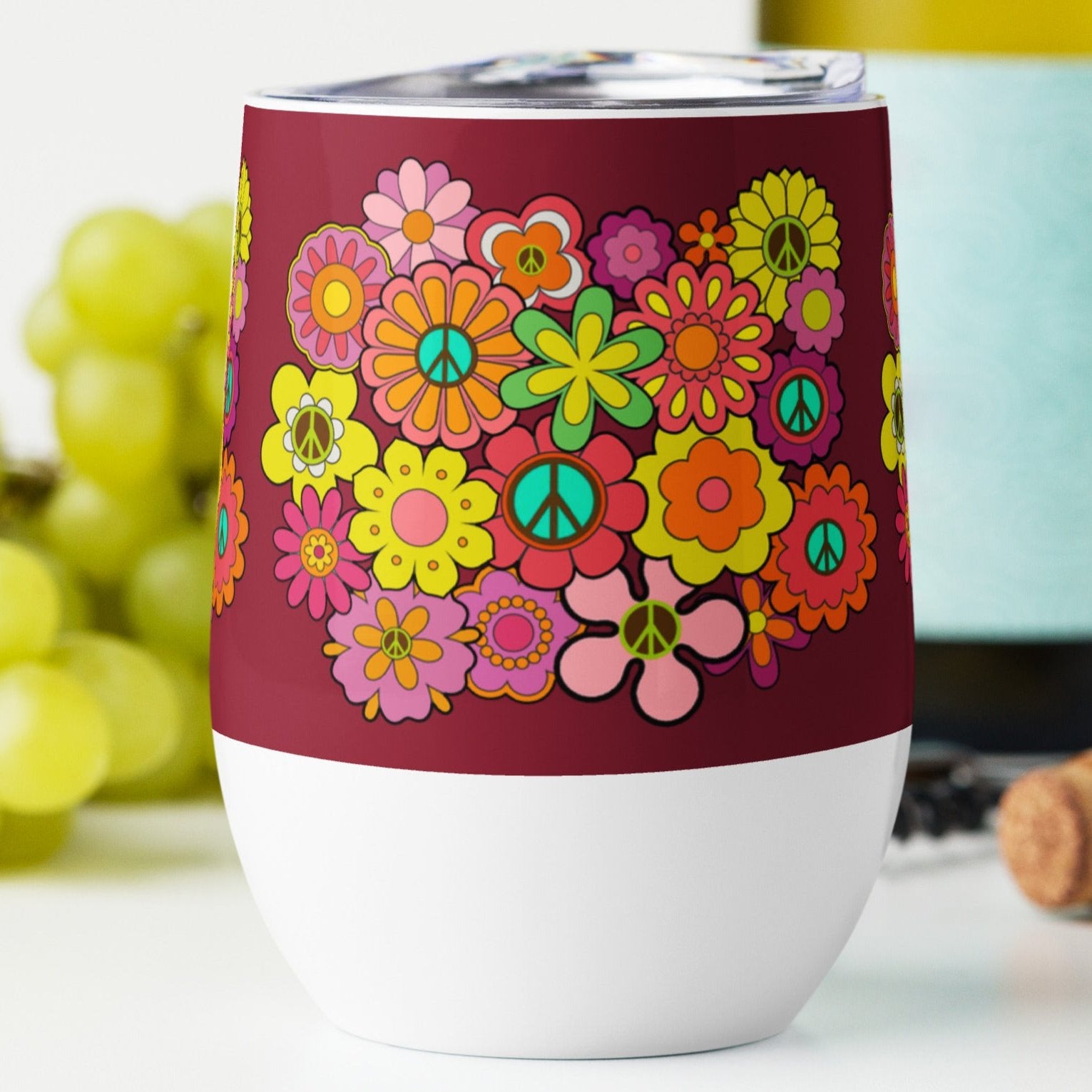 Flowers and Peace Signs Wine Tumbler (Red)