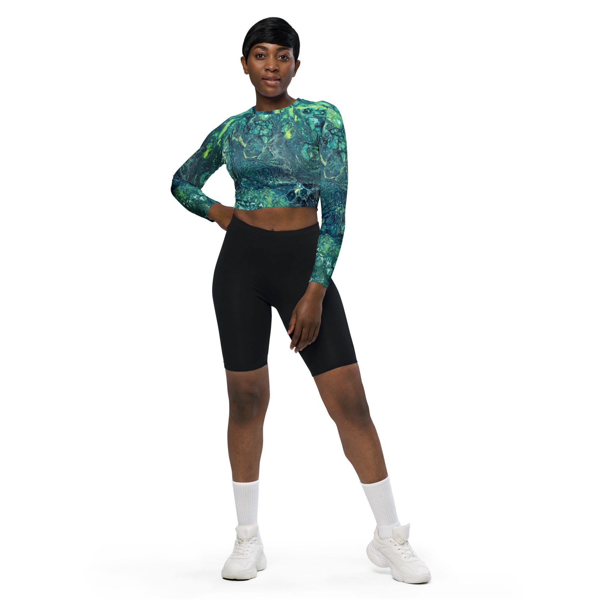 Caribbean Ocean original art - Dive Into the Depths of Style - Recycled Long-Sleeve Crop Top