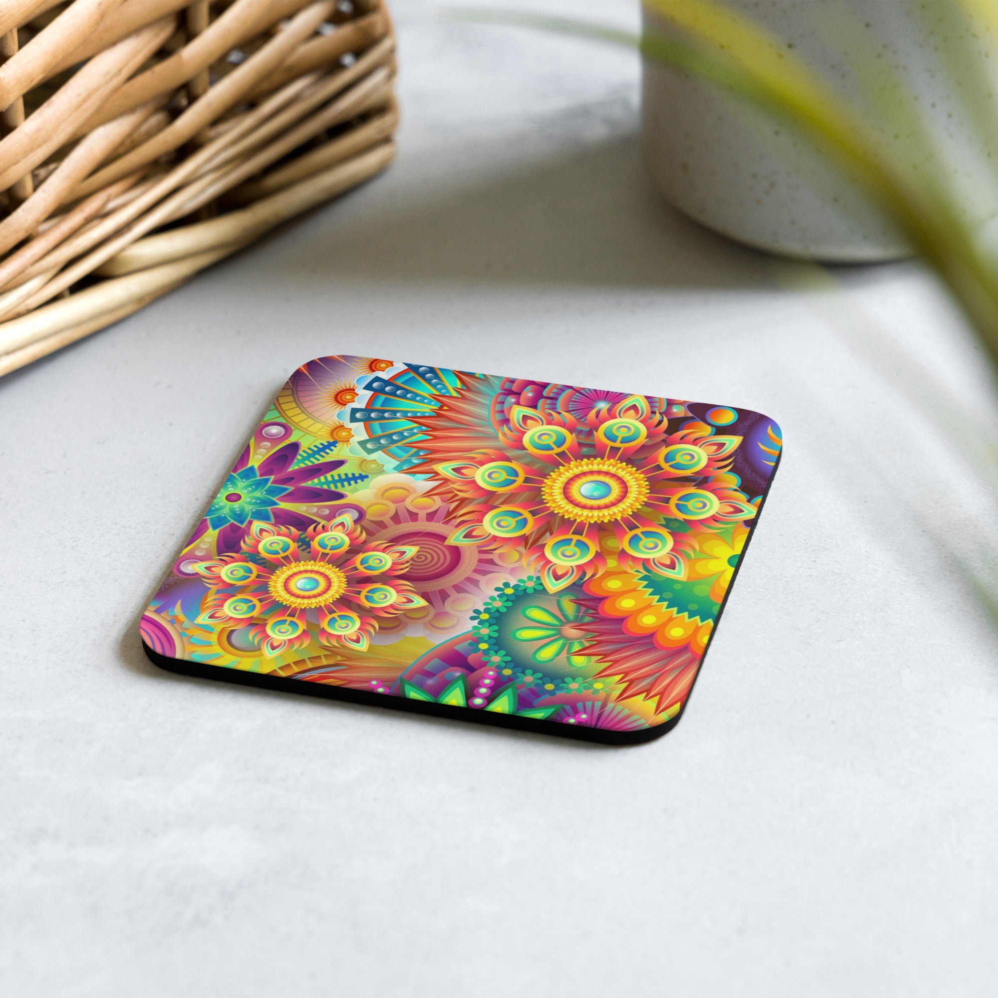 Mandala in bright beautiful jewel tones - Cork-back coaster