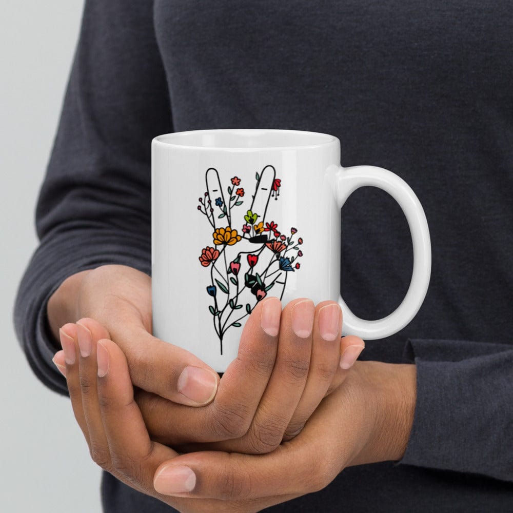 Hippie Soul Shop 11oz Groovy design of hand with peace sign and flowers - White glossy mug