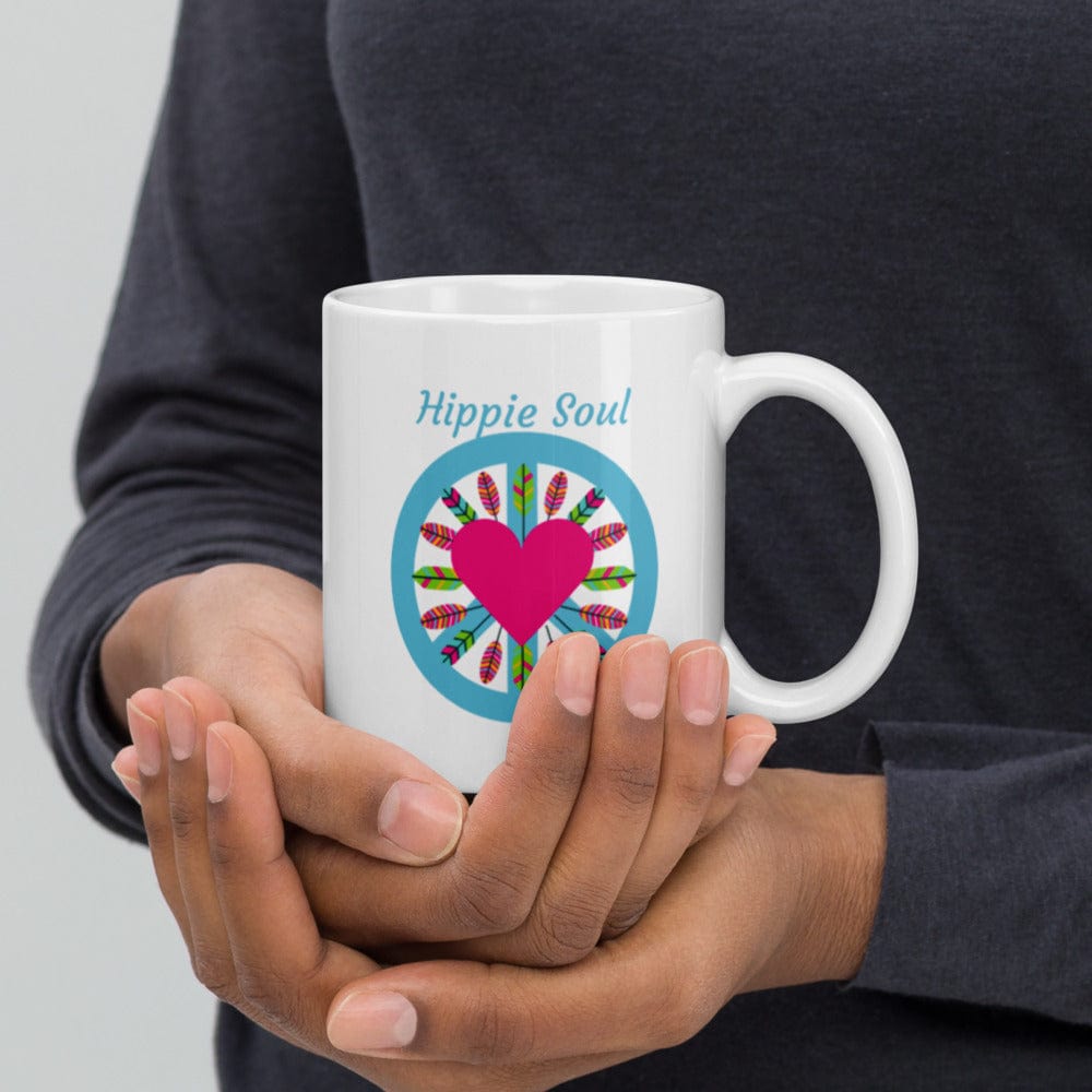 Hippie Soul Shop 11oz Hippie Soul - With fun peace sign, heart and feathers design - White glossy mug
