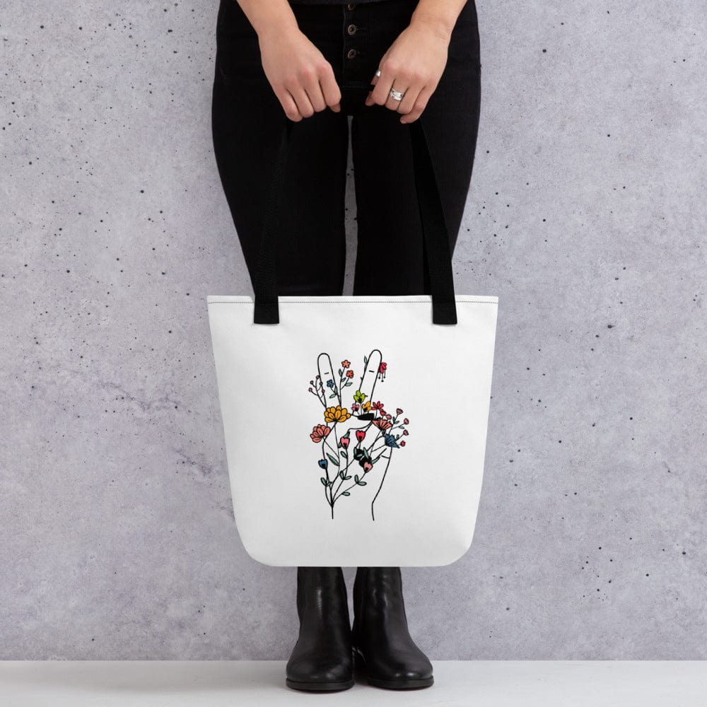 Hippie Soul Shop Black Groovy design of hand with peace sign and flowers - Tote Bag