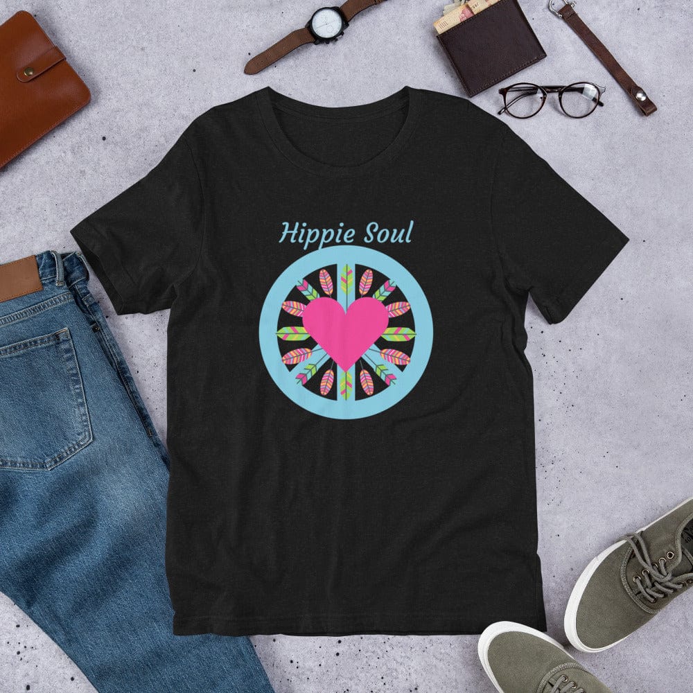 Hippie Soul Shop Black Heather / XS Hippie Soul - With fun peace sign, heart and feathers design - Short-sleeve unisex t-shirt