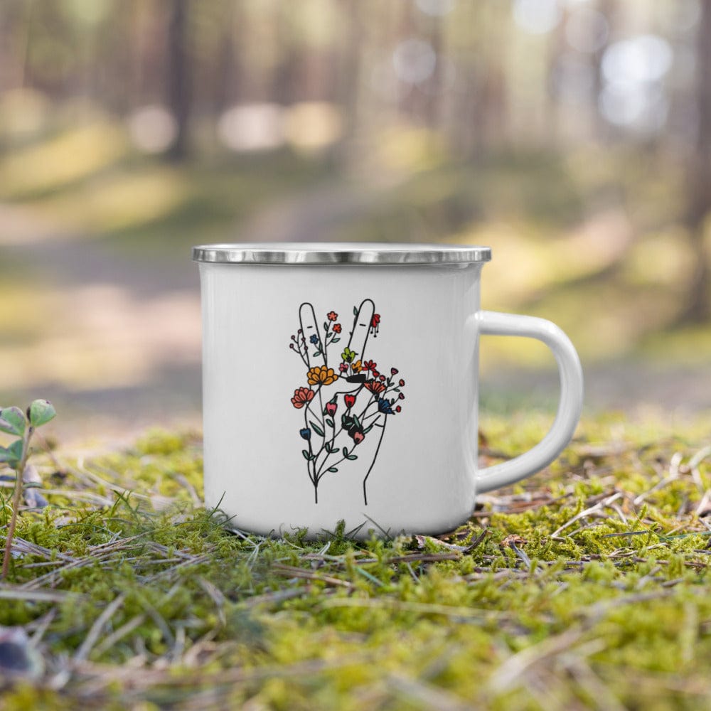 Hippie Soul Shop Groovy design of a hand with peace sign and flowers - Enamel Mug