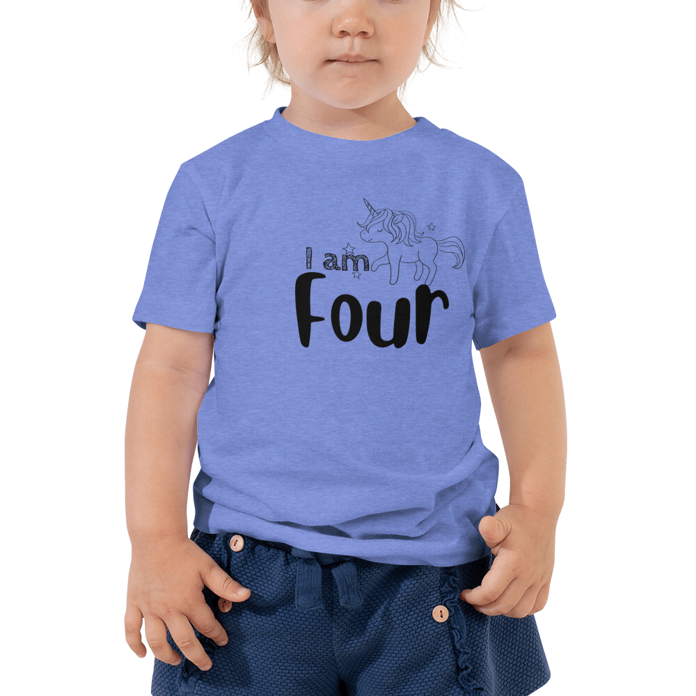 Hippie Soul Shop Heather Columbia Blue / 3T I am Four - With cute unicorn image - Toddler Short Sleeve Tee