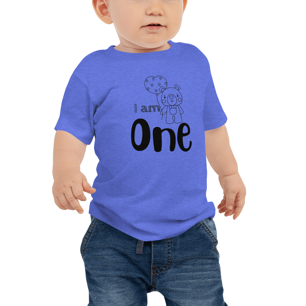 Hippie Soul Shop Heather Columbia Blue / 6-12m I am One - With adorable teddy bear image - Baby Jersey Short Sleeve Tee