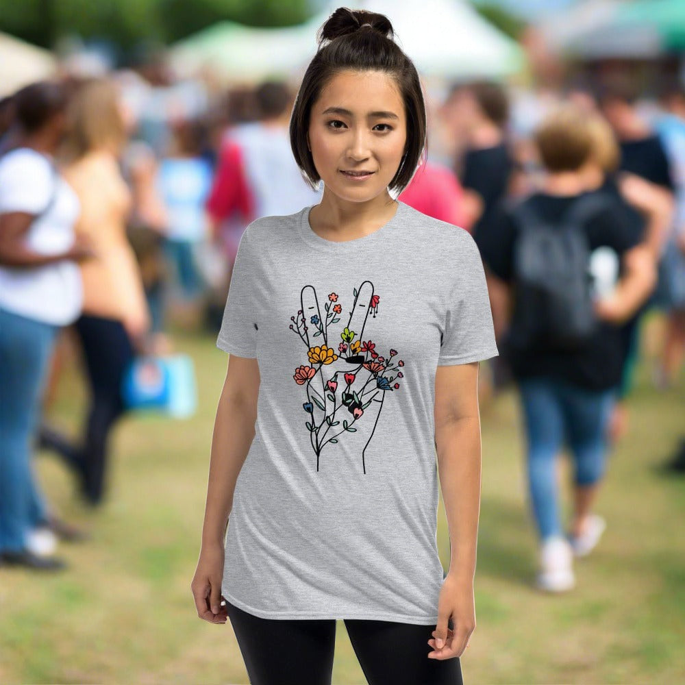 Hippie Soul Shop Sport Grey / S Groovy design of hand with peace sign and flowers - Short-Sleeve Unisex T-Shirt