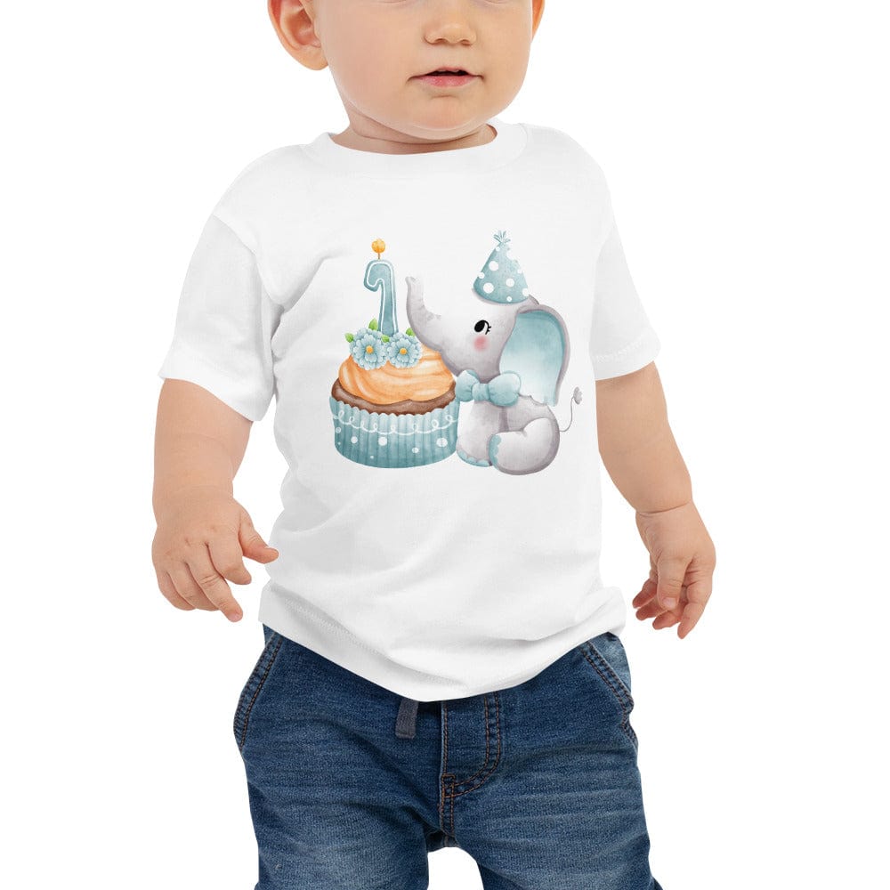Hippie Soul Shop White / 6-12m Baby Elephant - With birthday cupcake and 1 year candle - Baby Jersey Short Sleeve Tee